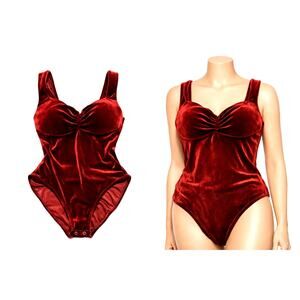 Vintage Velvet Bodysuit Women M Burgundy Built‑In Cups Thick Straps 90s Glam EUC